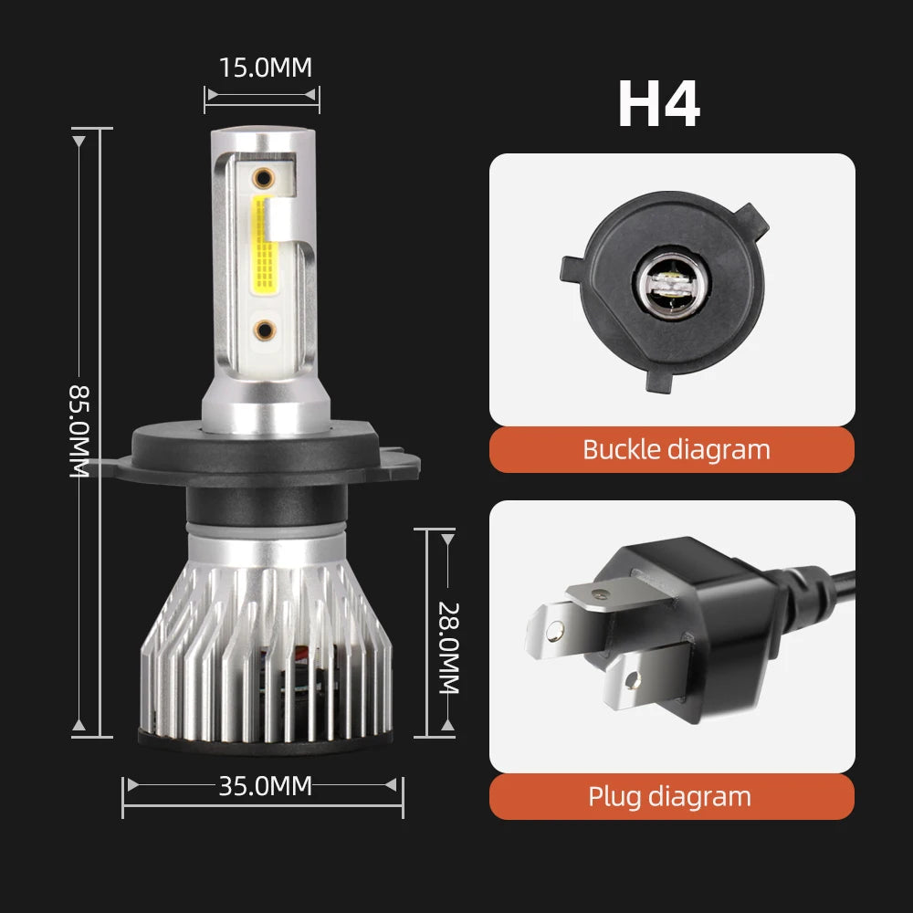 Diagrams showing the H4 LED car headlight bulb and plug for high-power automotive lighting.