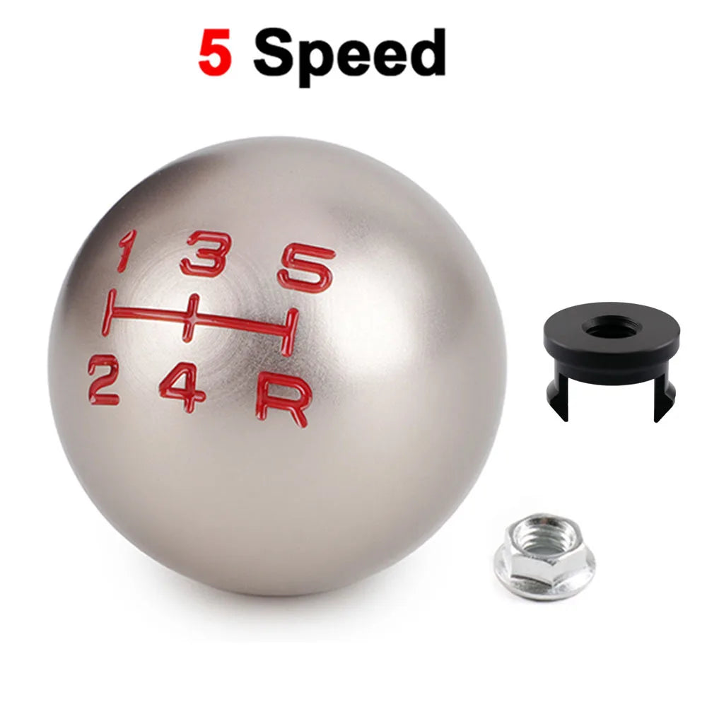 Silver aluminum ball shift knob with numbered markings 1 to 5 and R, along with a mounting plate and bolt.