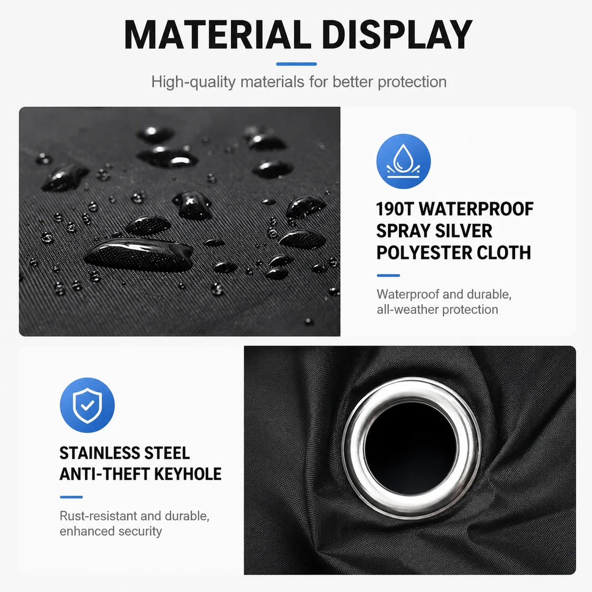Display of a silver polyester cloth and a stainless steel anti-theft keyhole for motorbike protection.
