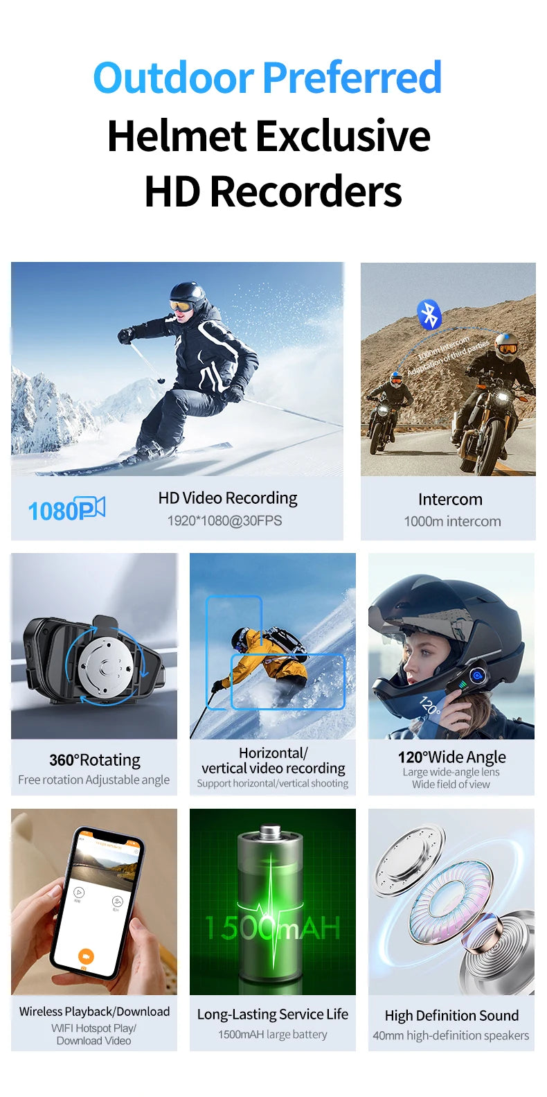 A collection of outdoor preferred helmet exclusive HD recorders featuring video recording, intercom, rotating modes, and long