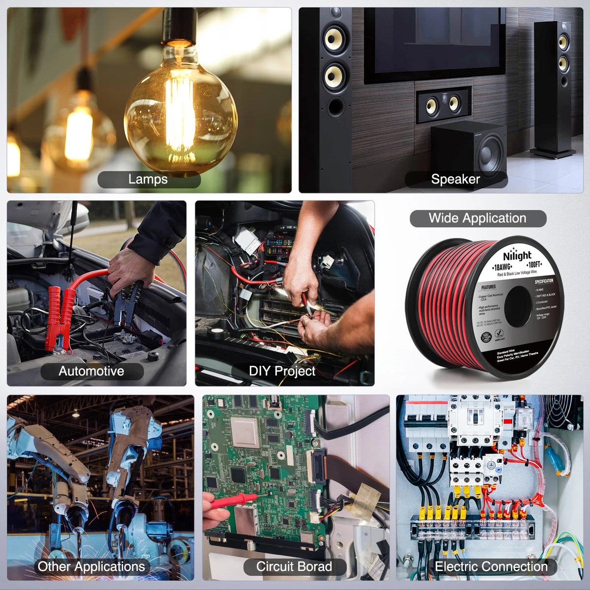 A collection of images showing a 100FT flexible DC extension cable used in automotive, DIY projects, circuit boards, and elec