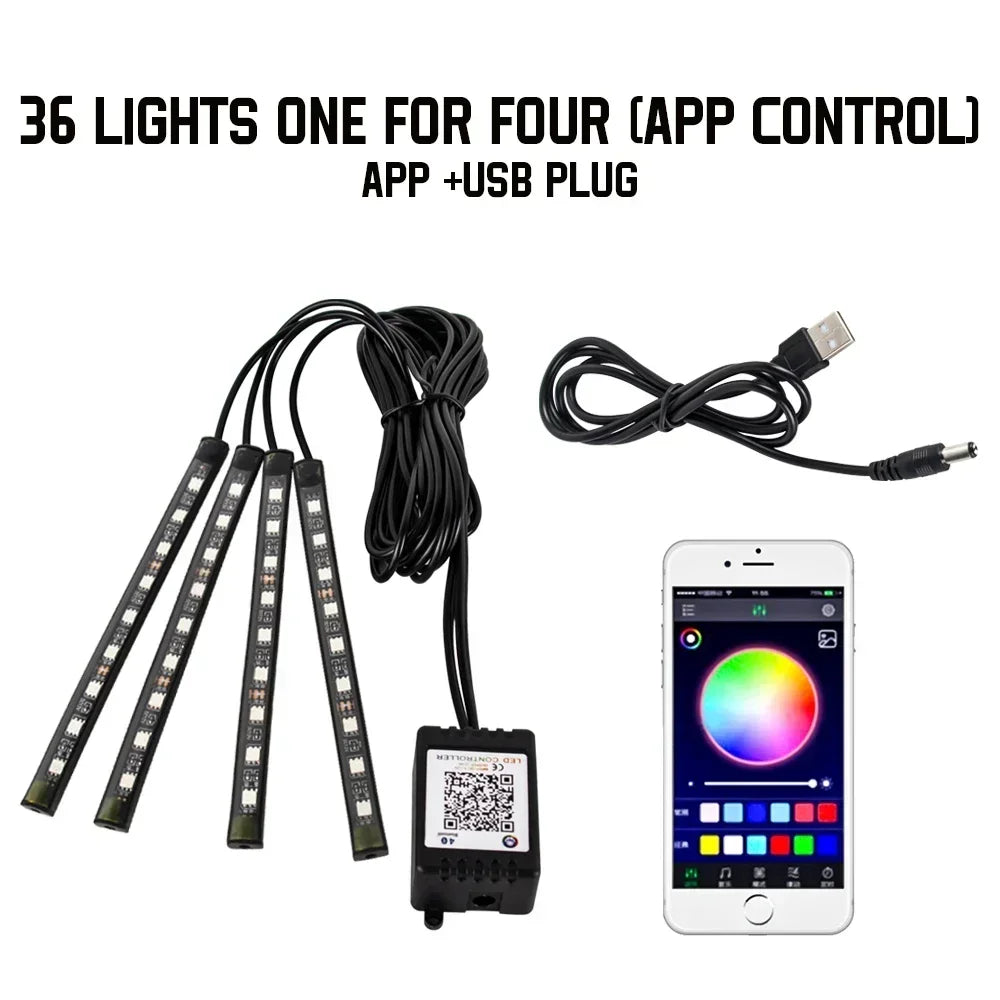 A set of 36 lights for four vehicles with an app and USB plug, including LED strips and a control device.
