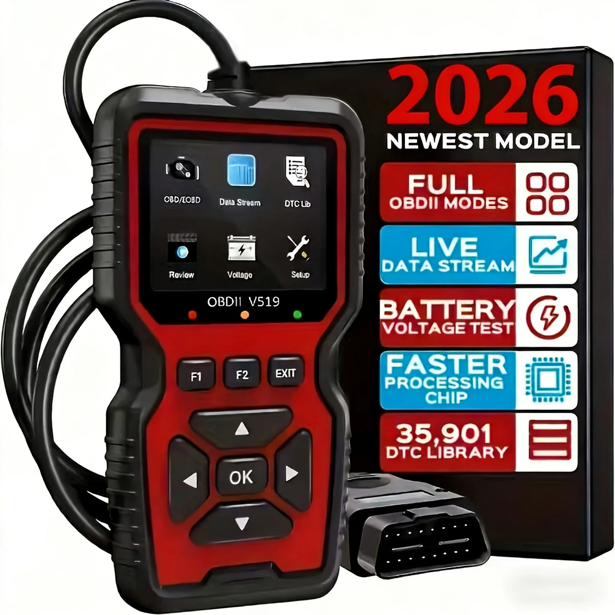 A handheld professional OBDII diagnostic scanner with a black and red casing and cable.
