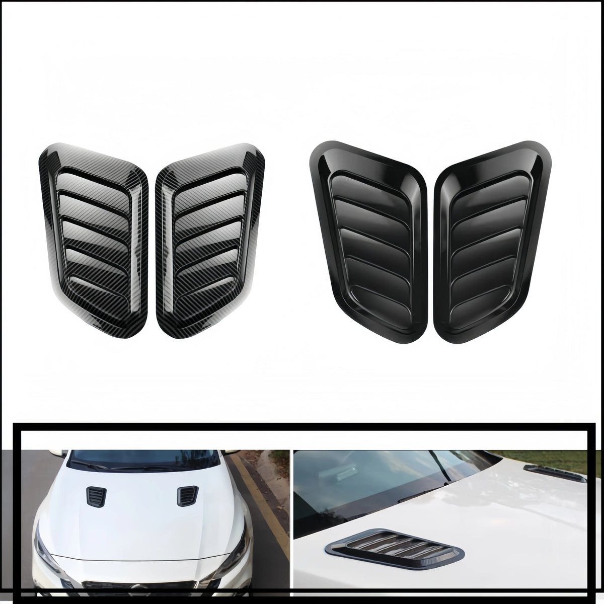 Black carbon fiber car hood scoop vent trim pieces.