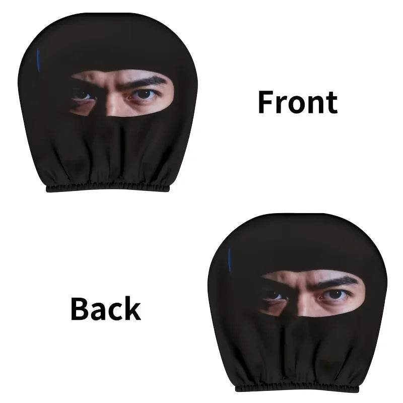 Front and back views of a black mysterious eye print car seat headrest cover.