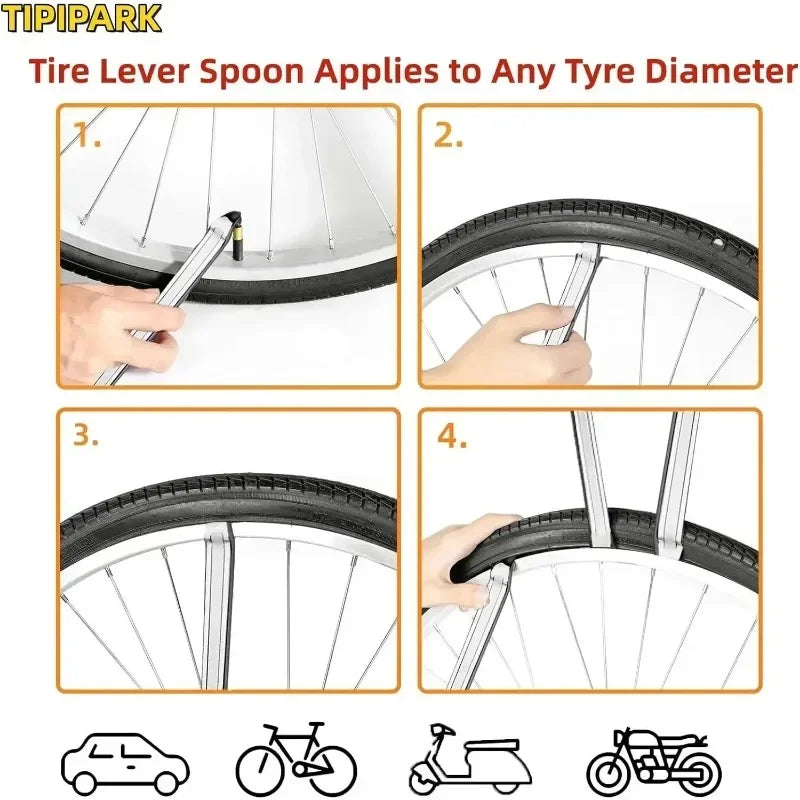 Four steps demonstrating how to use a tire lever spoon to apply to various tire diameters on a bicycle wheel.