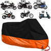 A variety of motorcycle covers in different sizes (XL to M) and an orange and black waterproof cover are displayed.