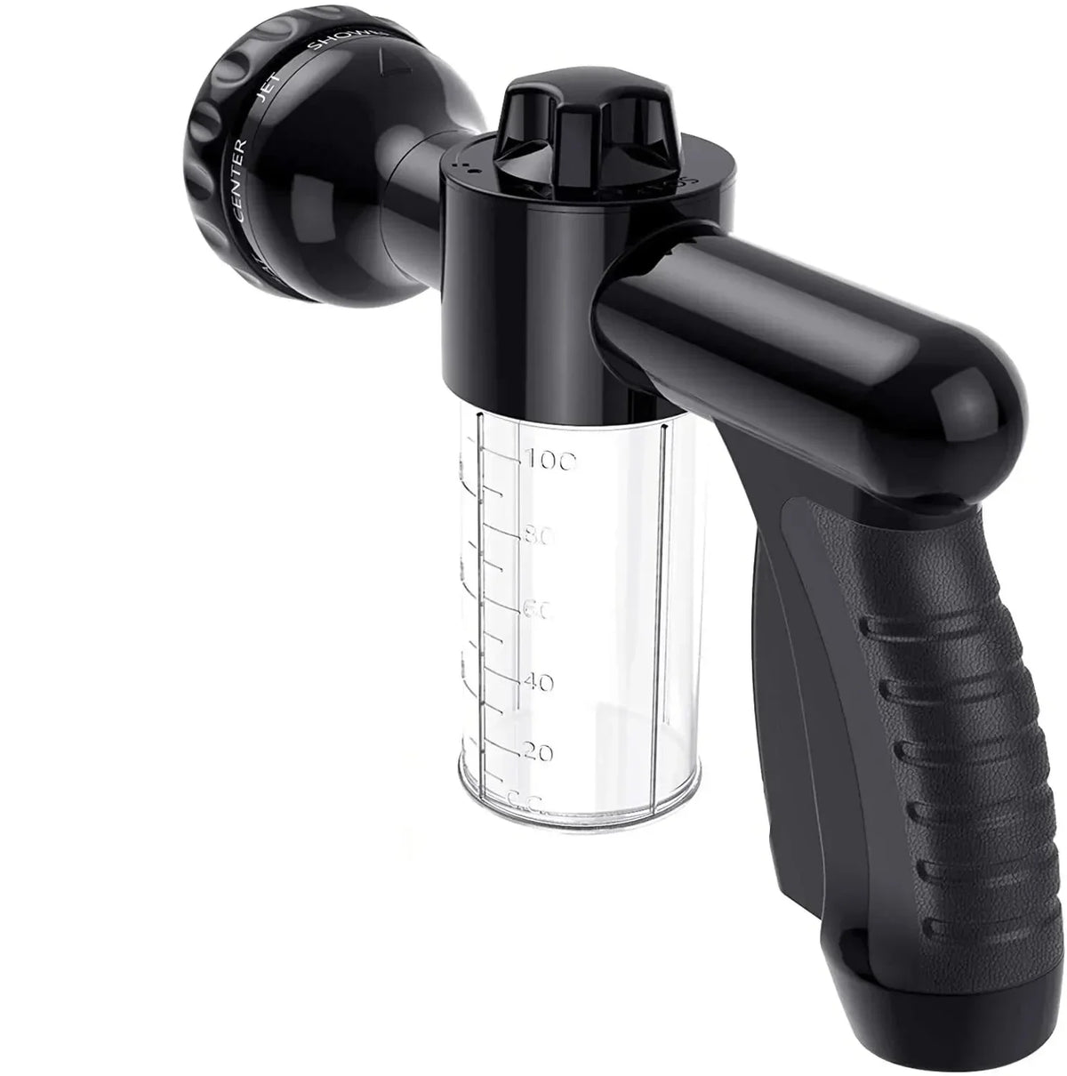 A black high pressure foam lance car wash sprayer with a clear measuring cylinder.