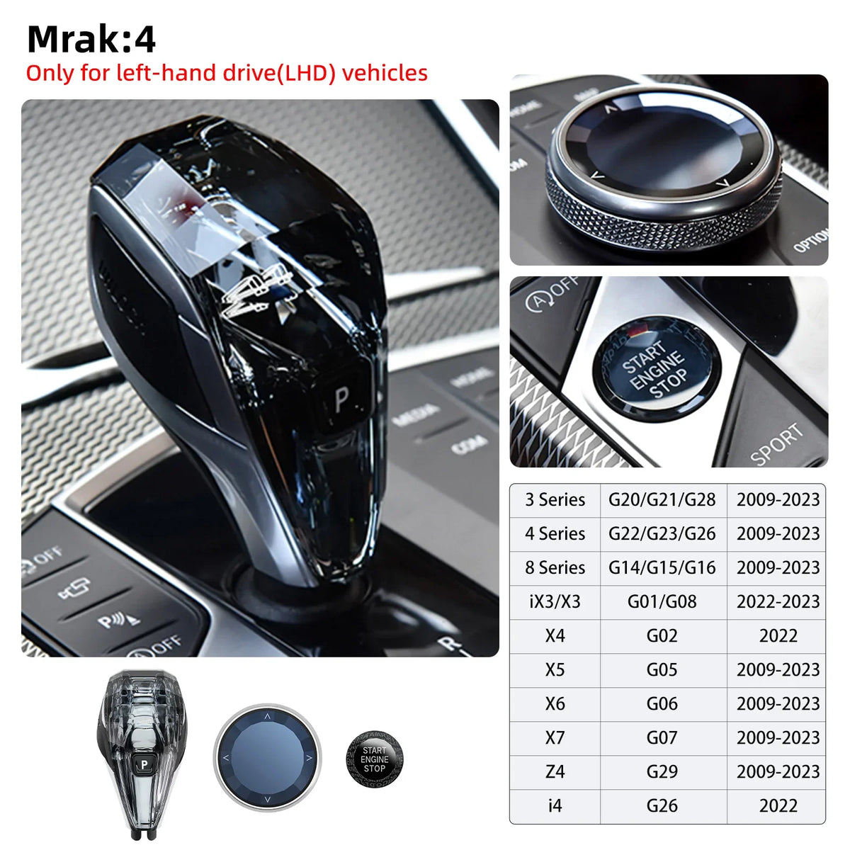 A black crystal gear shift knob lever for various BMW models, shown in detail and with related components.