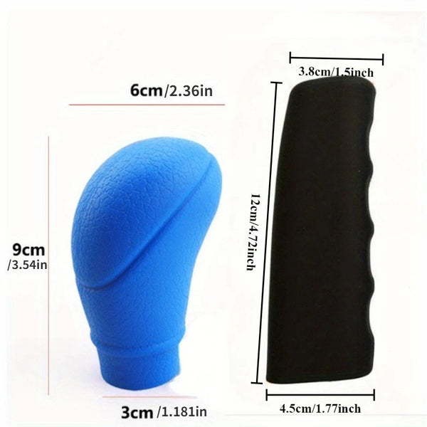 A blue car gear shift knob and handbrake cover set shown with dimensions.