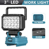 A black and blue portable LED work light with a handle and 2 USB ports for Makita tools.