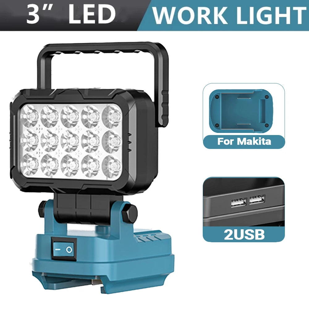 A black and blue portable LED work light with a handle and 2 USB ports for Makita tools.