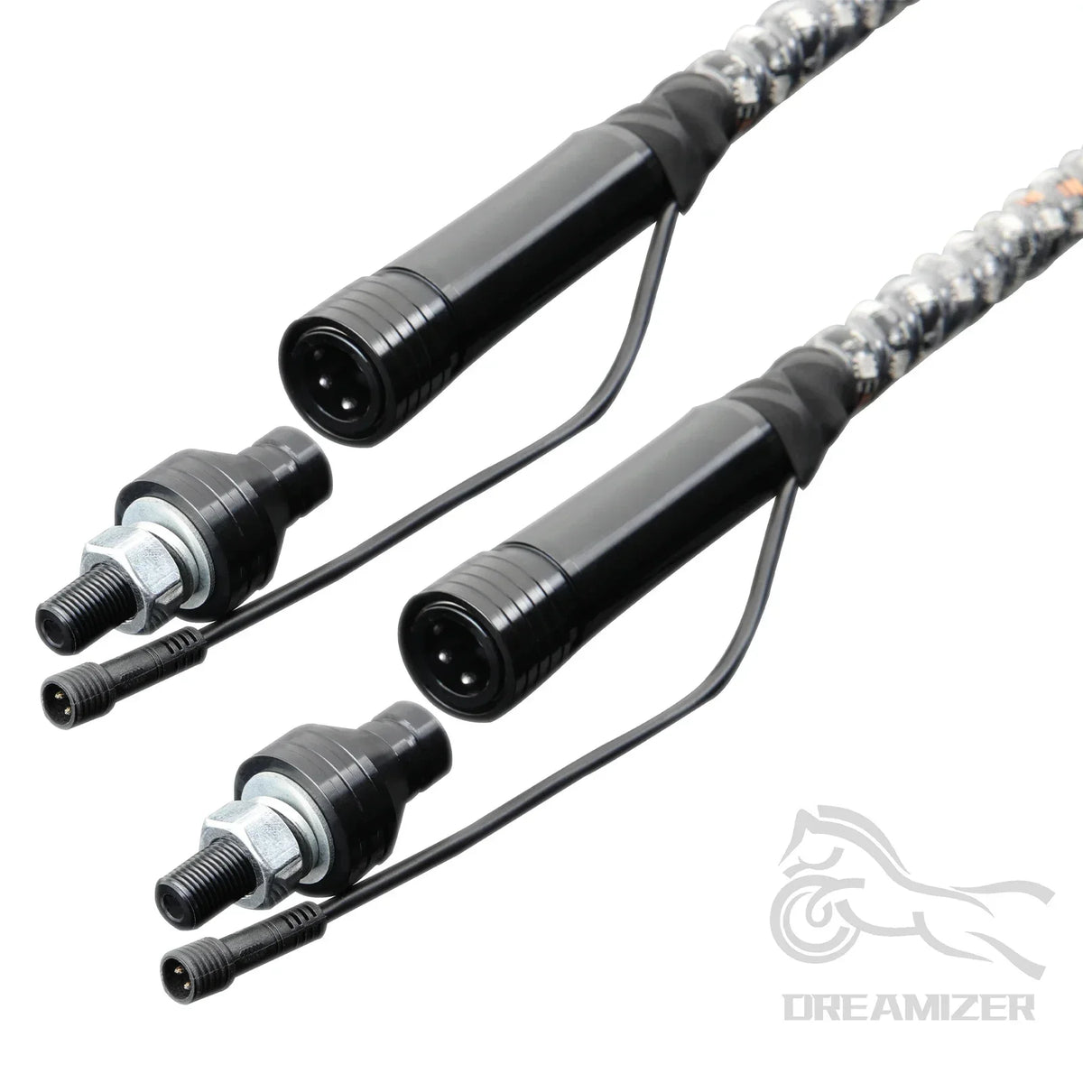 A black and gray RGB LED whip light with a textured handle is shown against a white background.