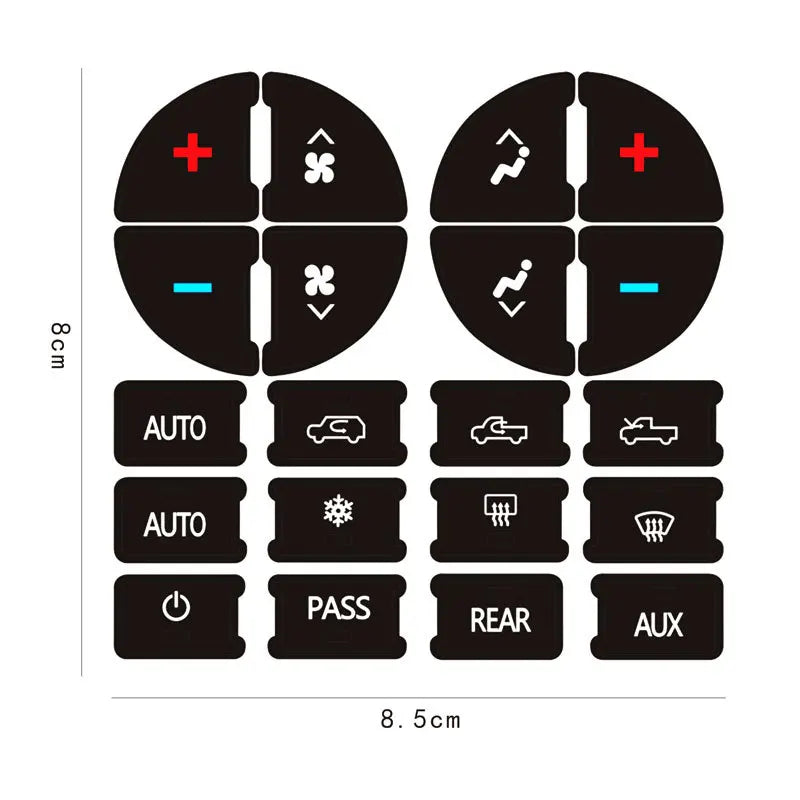 A set of black control buttons with icons for auto, pass, rear, and aux functions.