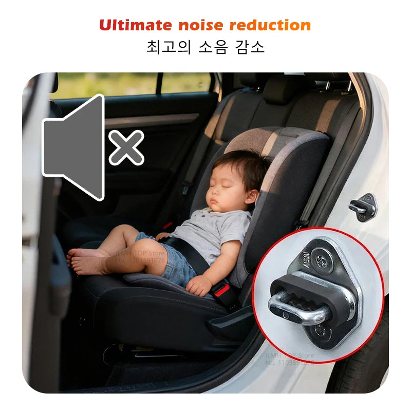 A child is seated in a car seat with a silicone door lock cover anti-vibration pad installed on the door.