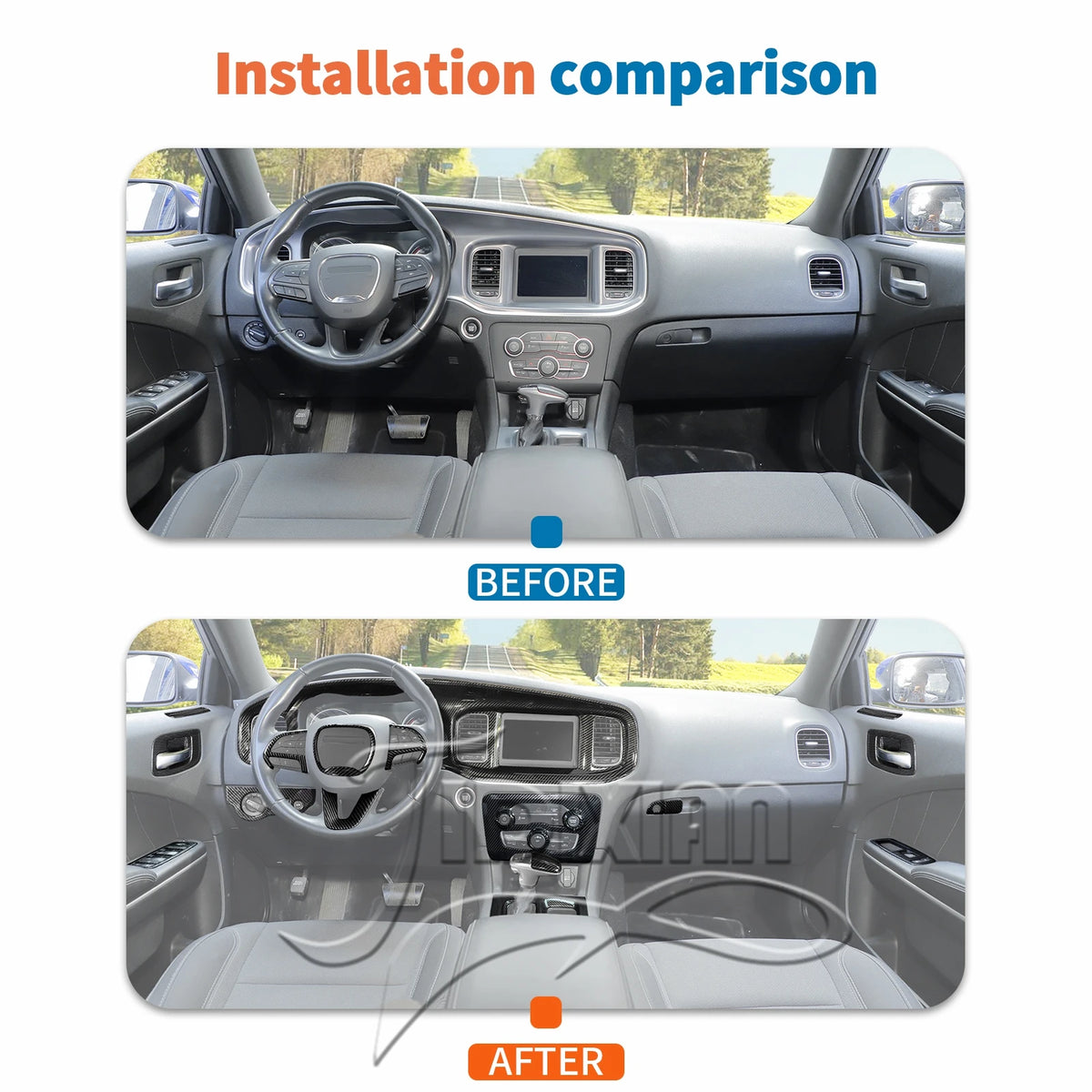 Comparison of before and after installation of a carbon fiber interior decoration kit in a Dodge Charger car