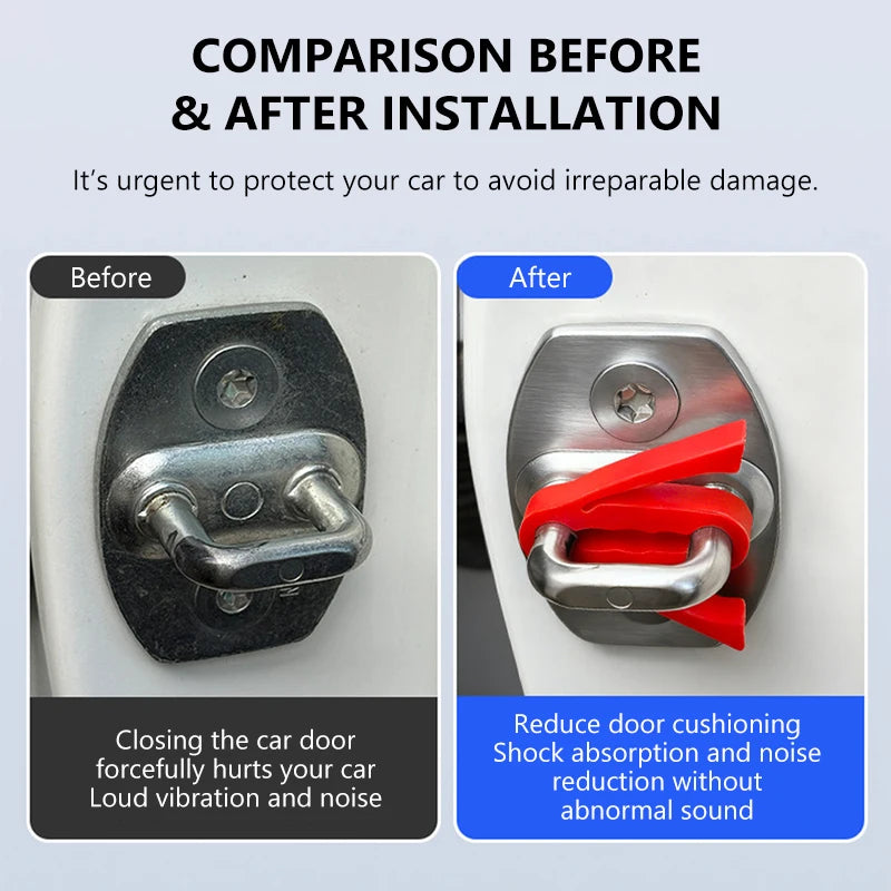 Comparison showing a car door lock before and after installation, demonstrating reduced shock absorption.