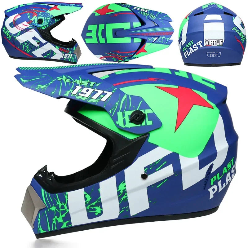 A collection of blue and green kids and motorcycle off-road safety helmets shown from various angles.