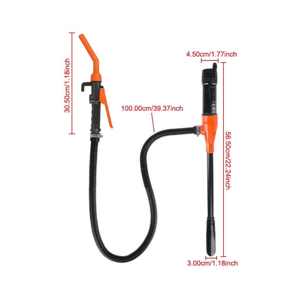 An orange portable electric fuel transfer pump with a long hose and a vertical pump body.