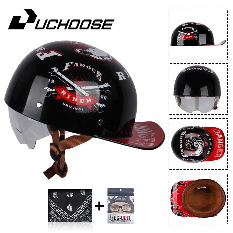 A black vintage open-face motorcycle helmet with red and white graphics, along with related accessories.