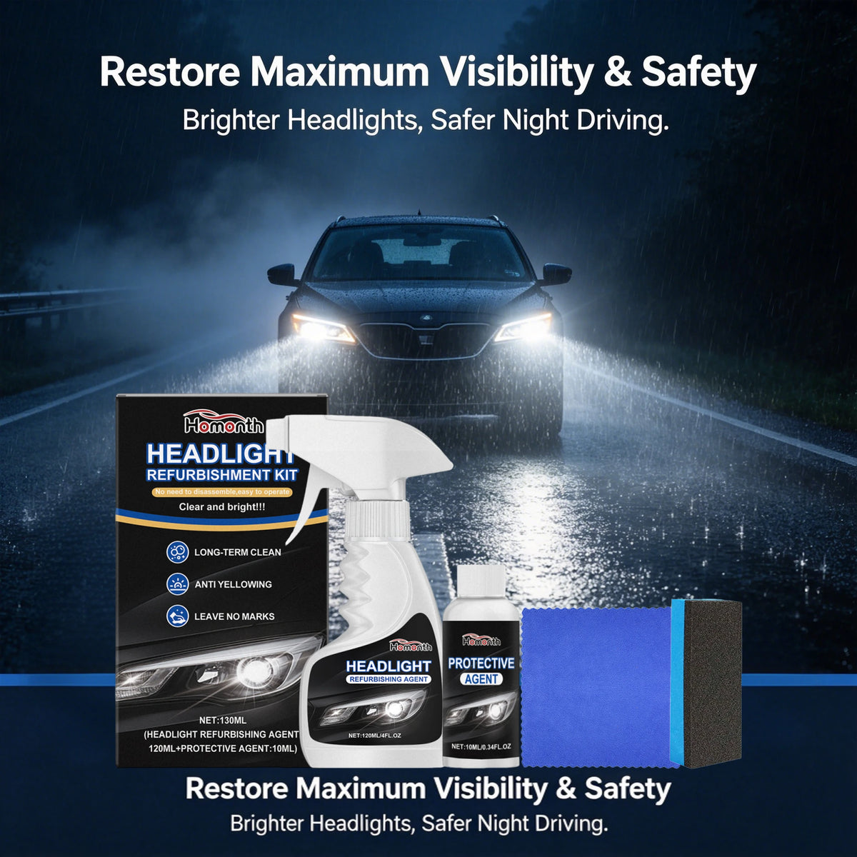 A kit for headlight refurbishment and protection, shown next to a car headlight.