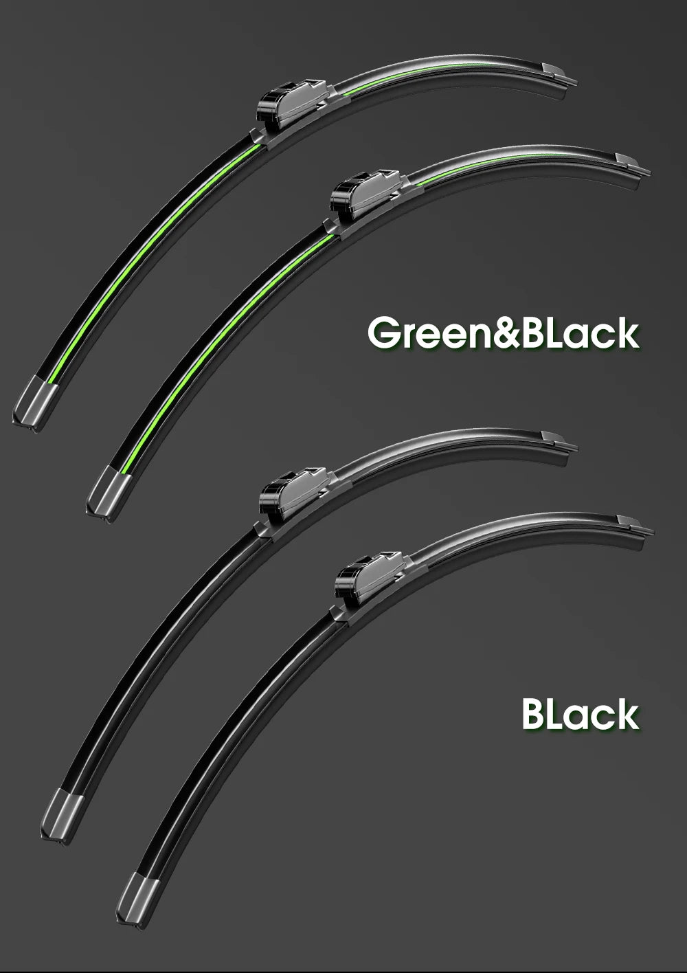 Three universal windshield wiper blades are shown in Green&Black and Black colors.
