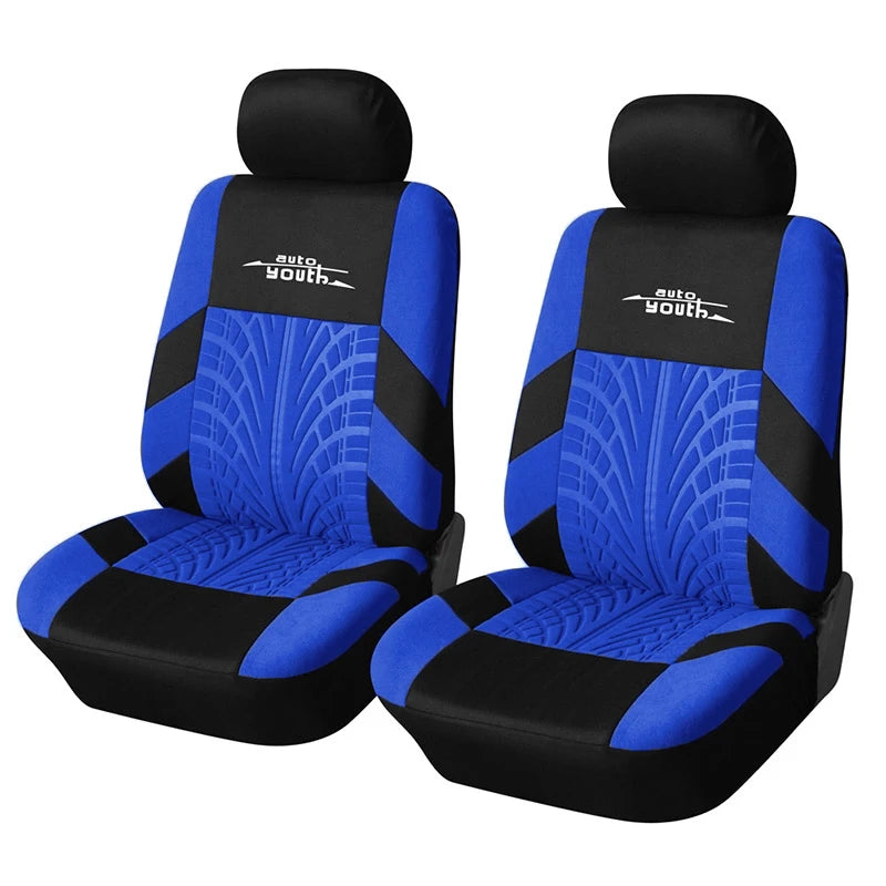 A pair of blue and black universal car seat protector covers shown side by side.
