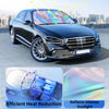 A dark sedan with a UV reflective windshield sun shade installed, showing efficient heat reduction and intense sunlight refle