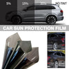 A car sun protection film is shown alongside various tint levels and examples of its application on a vehicle.