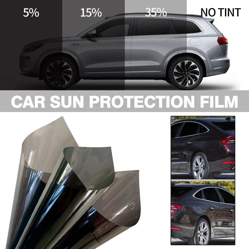 A car sun protection film is shown alongside various tint levels and examples of its application on a vehicle.