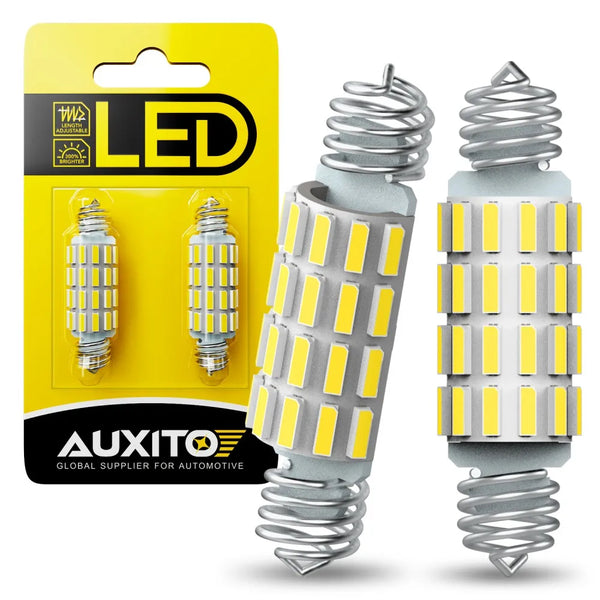 A yellow packaging box for LED festoon lights showing two silver LED bulbs.