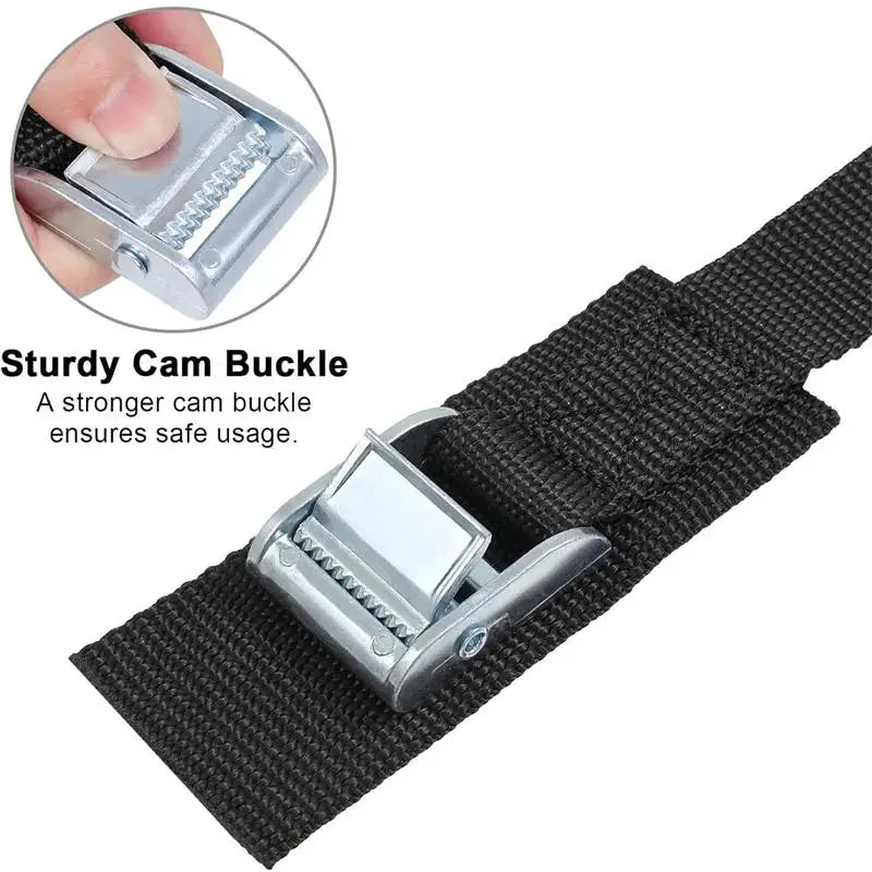 Close-up view of a sturdy metal cam buckle attached to a black woven tie-down strap.