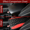 Comparison chart showing a car armrest protector pad before and after installation.
