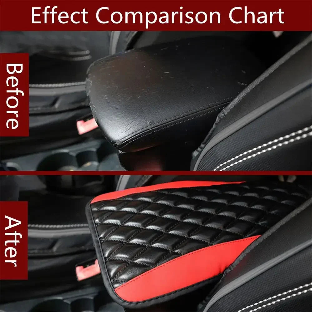 Comparison chart showing a car armrest protector pad before and after installation.
