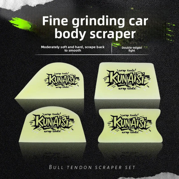 A set of yellow rubber scrapers used for fine grinding car body work and removing wrap tools