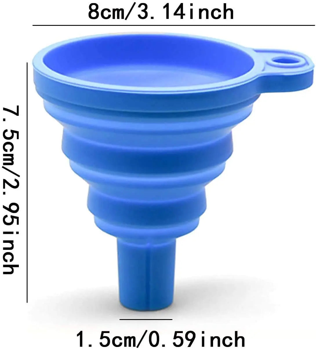 A blue silicone funnel with a wide mouth and narrow base, measuring 8cm/3.14inch in diameter.