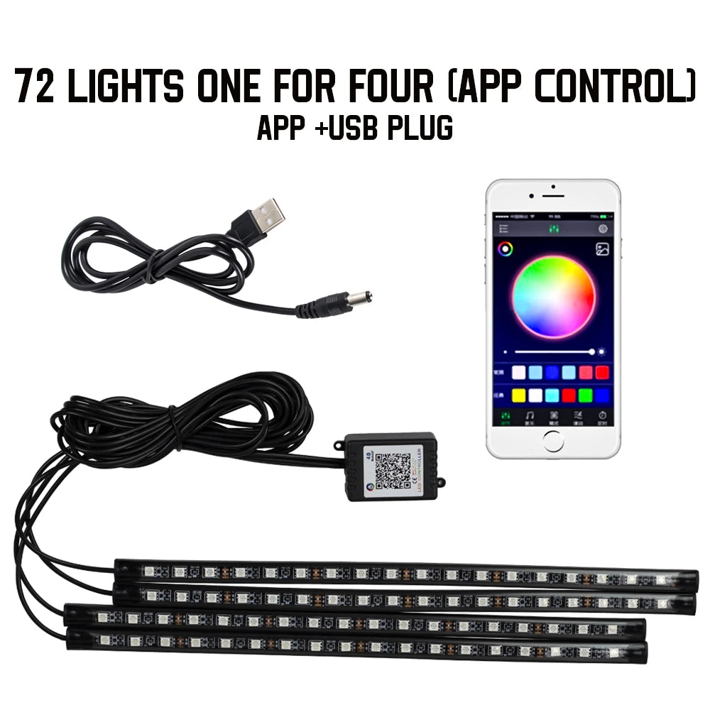 RGB LED car ambient lighting kit featuring 72 lights controlled by app or USB plug