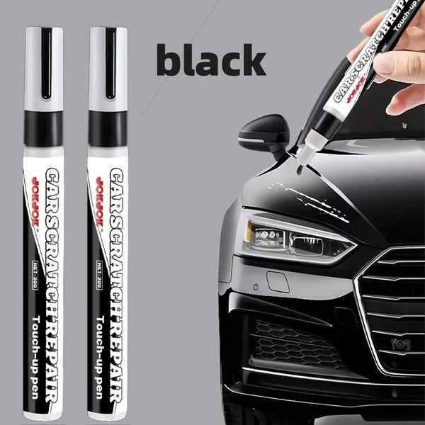 A black precision car touch-up pen is shown being used to repair scratches on a car's headlight.