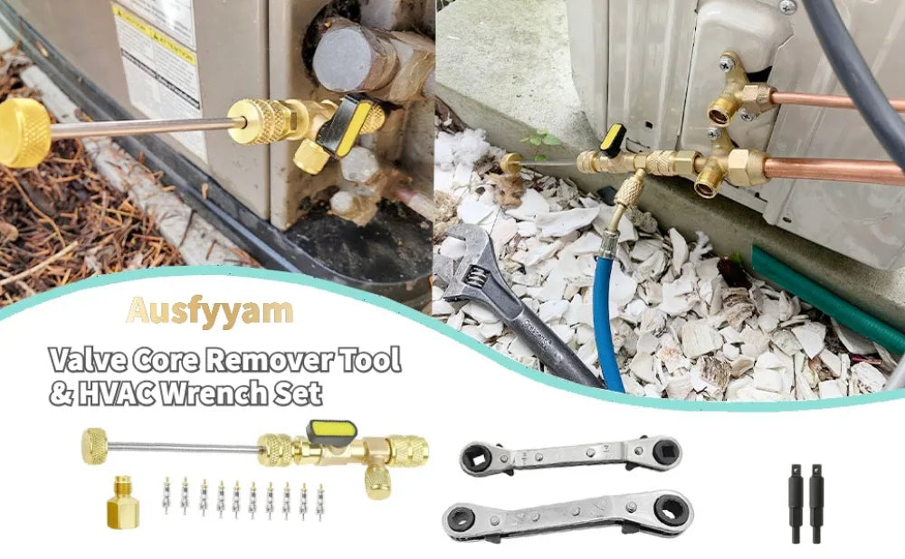 Juego de herramientas para quitar núcleos de válvulas de doble tamaño y kit de llaves para trabajos de HVAC.