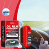A red oil film cleaning brush is shown next to a box for Homonth Oil Film Cleaning Brush, with a car interior in the backgrou