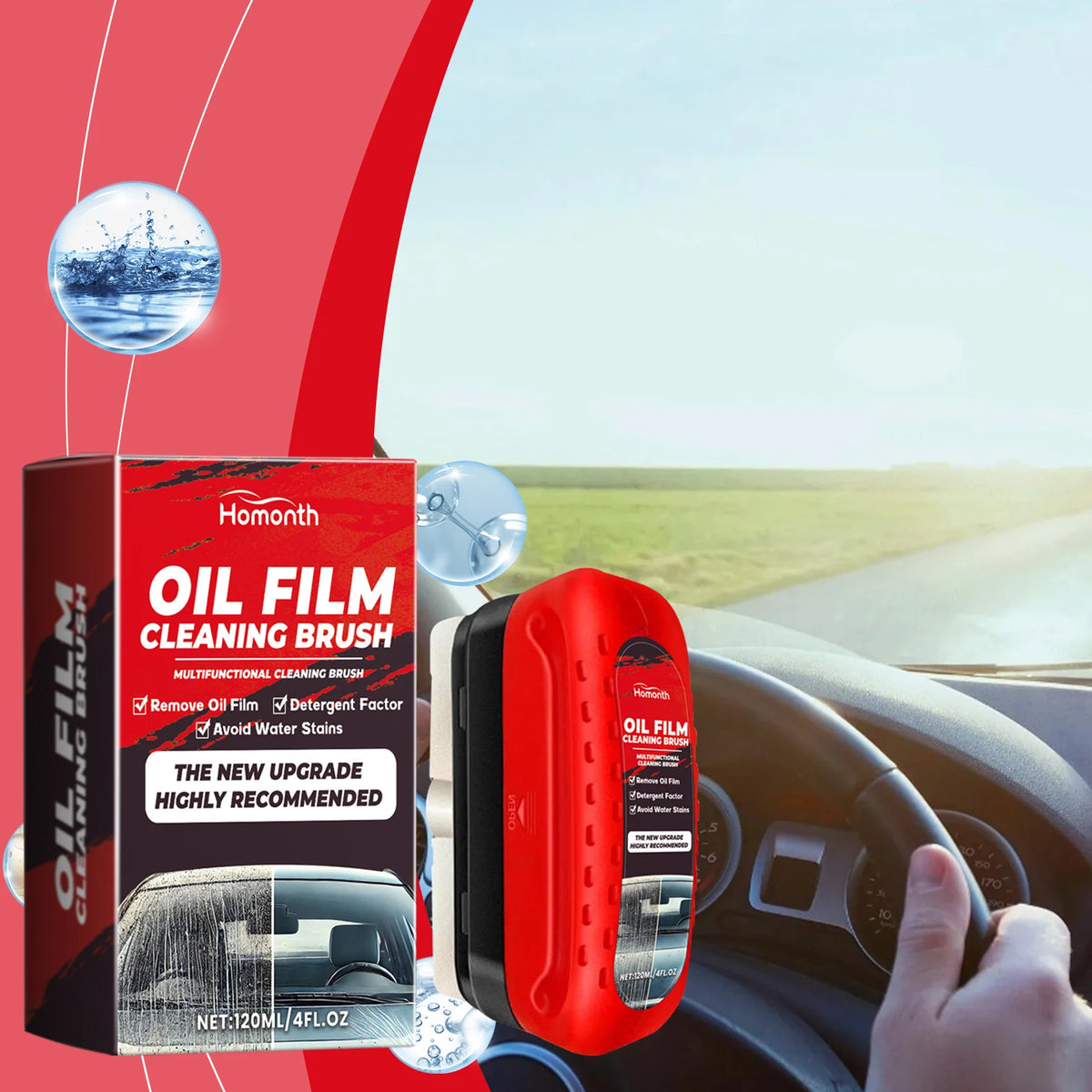 A red oil film cleaning brush is shown next to a box for Homonth Oil Film Cleaning Brush, with a car interior in the backgrou