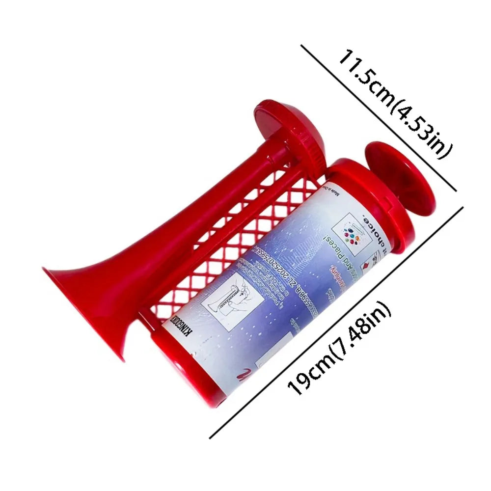 A red portable air horn with a plastic housing and a cylindrical horn, shown at an angle.
