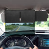 A black universal car sun visor extender is installed in a vehicle, showing its fit and anti-glare protection.