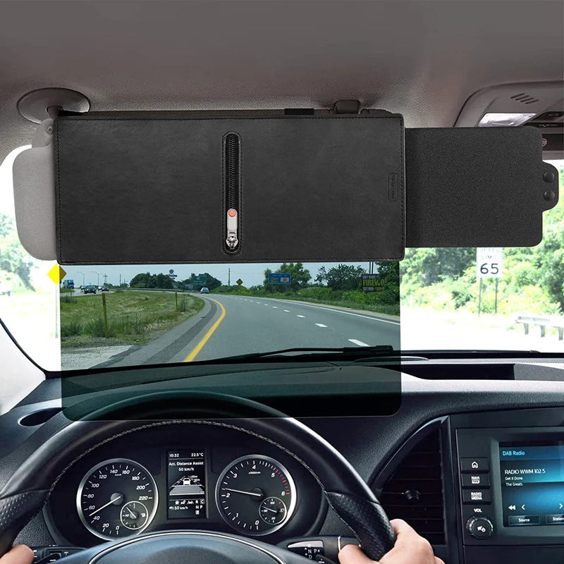 A black universal car sun visor extender is installed in a vehicle, showing its fit and anti-glare protection.