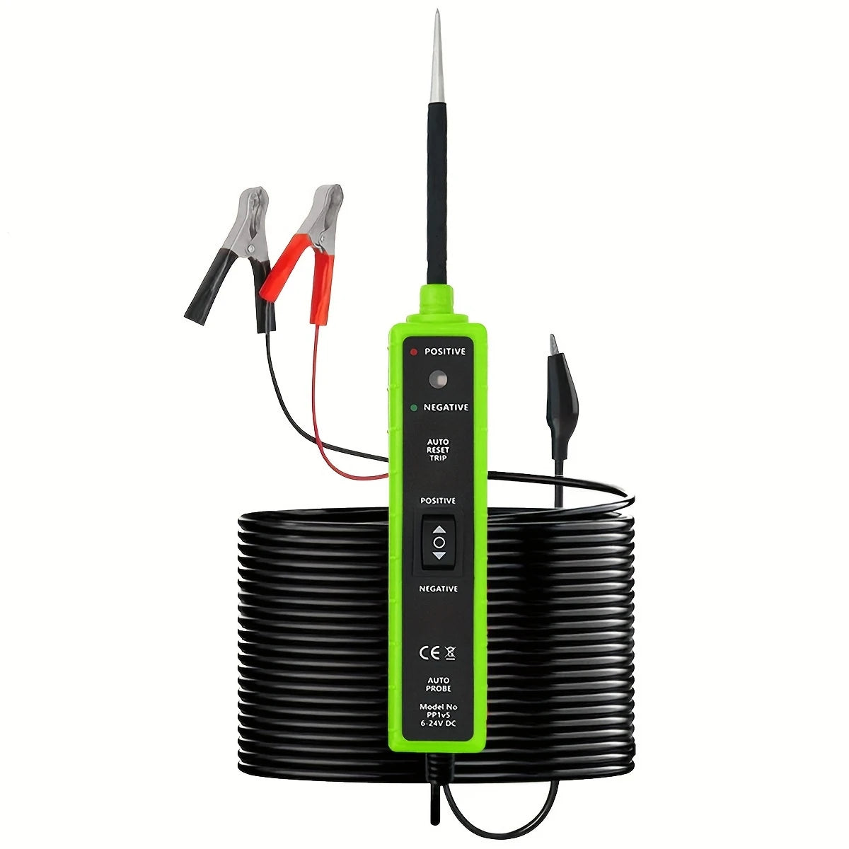 A professional automotive electrical tester with a green probe and black coiled cable is shown.