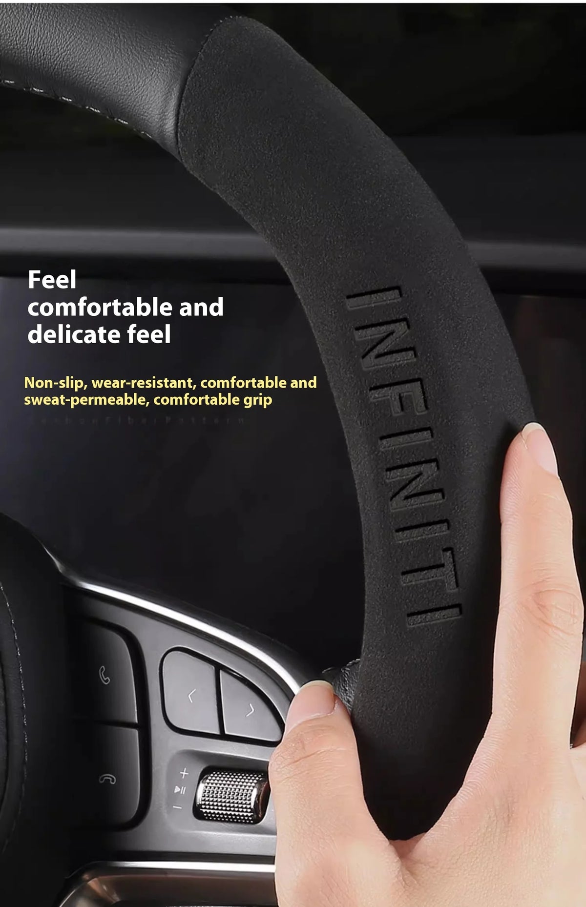 Close-up of a black steering wheel cover grip showing the INFINITI logo and texture.