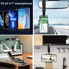 A multi-functional phone mount is shown in various applications, including a car sun visor, a desk, and a bathroom mirror.