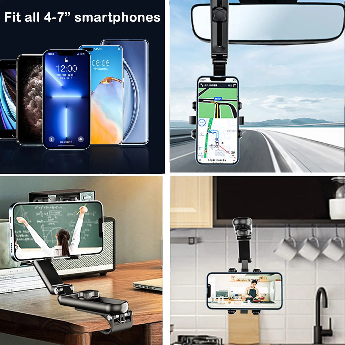 A multi-functional phone mount is shown in various applications, including a car sun visor, a desk, and a bathroom mirror.