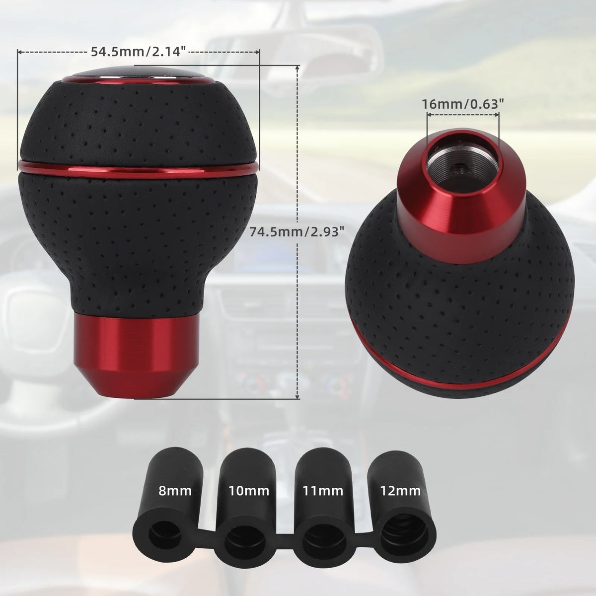 A set of universal gear shift knobs in various sizes, including 8mm, 10mm, 11mm, and 12mm, shown next to a complete shift kno