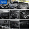 Various close-up shots of a carbon fiber car interior decoration kit for a Dodge Charger, showing steering wheel, dashboard, 